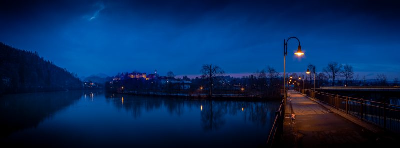 Footbridge across River Lech at Füssen at Blue Hour